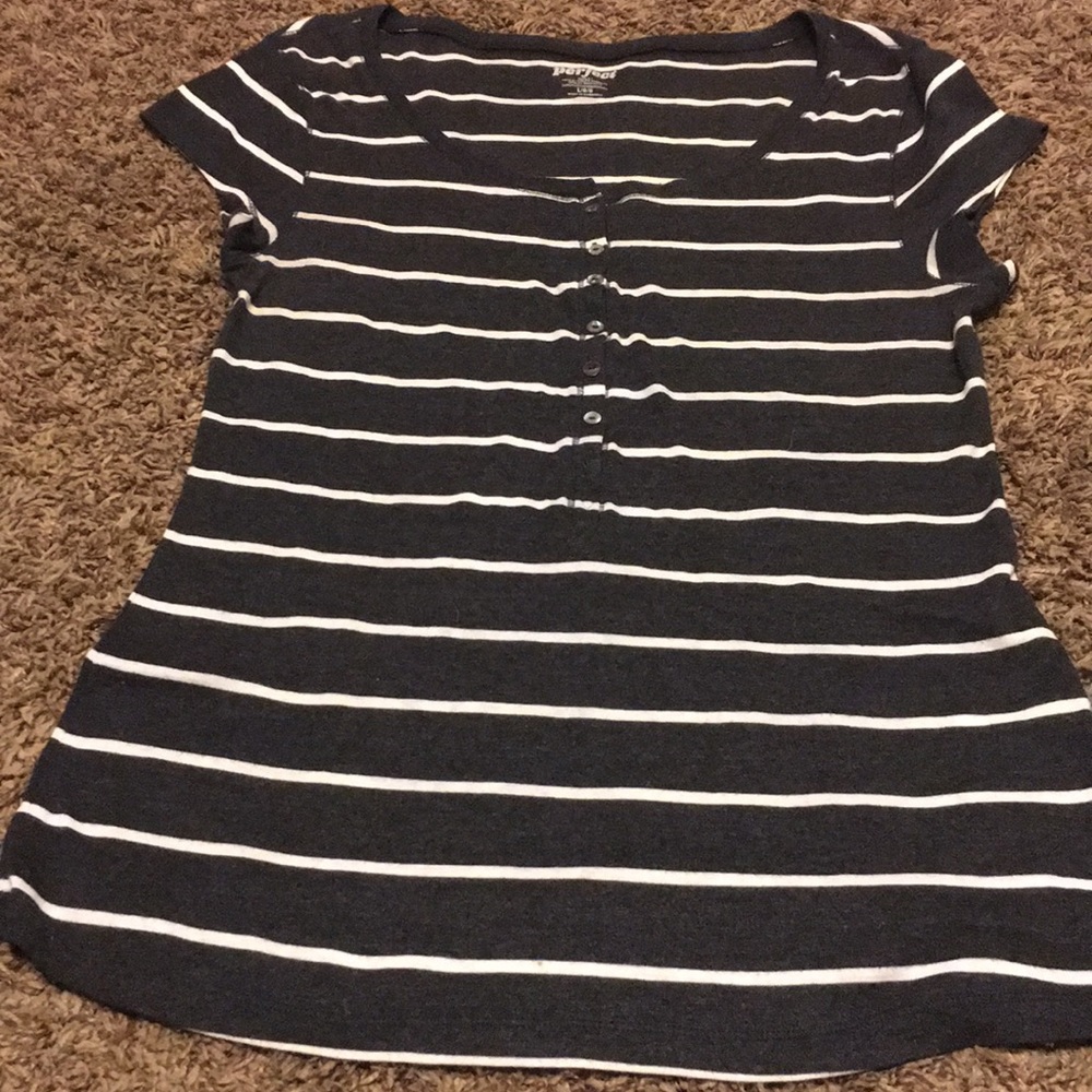 Grey + white striped scoop neck